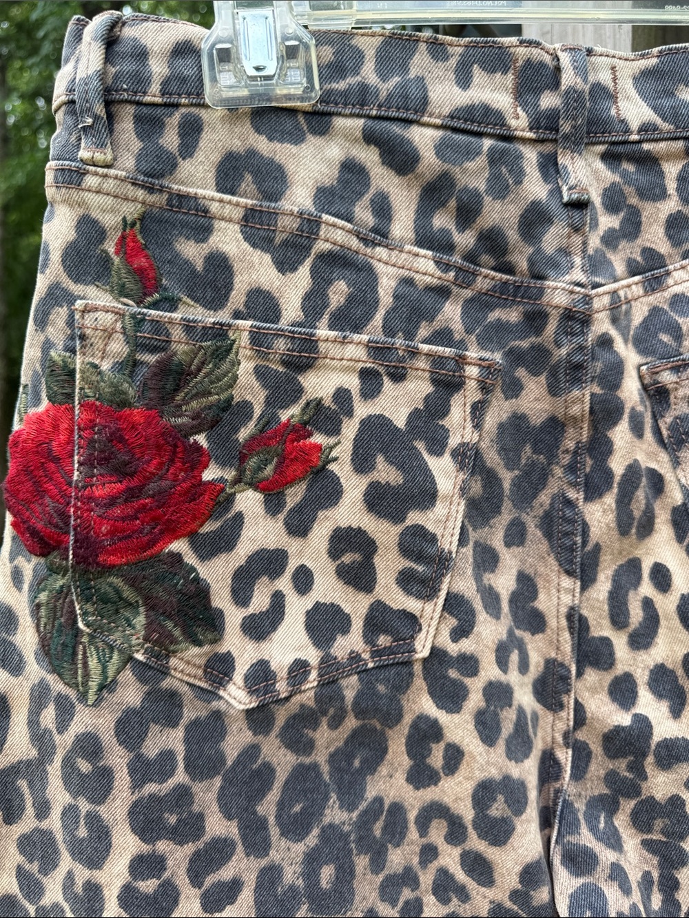 DRIFTWOOD Leopard Print Straight Leg Jeans with Red Rose Embroidery - Picture 7 of 10
